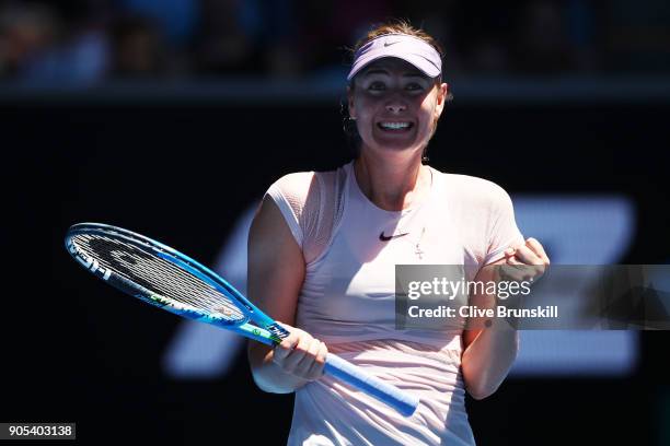 Maria Sharapova of Russia celebrates winning her first round match against Tatjana Maria of Germany on day two of the 2018 Australian Open at...