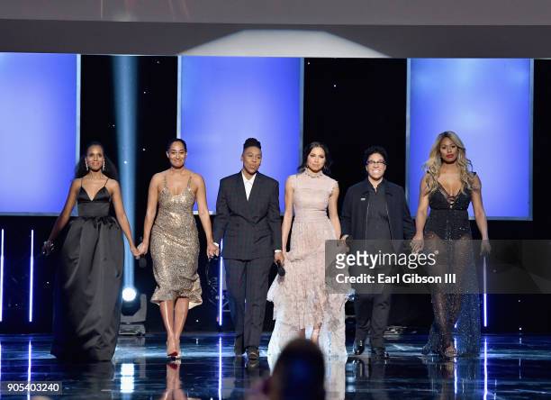 Kerry Washington, Tracee Ellis Ross, Lena Waithe, Jurnee Smollett-Bell, Angela Robinson, and Laverne Cox speak onstage onstage at the 49th NAACP...