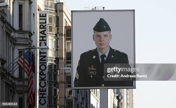 Detail of Checkpoint Charlie is pictured on September 9, 2009 in Berlin, Germany. Allied and Soviet soldiers once faced each other at Checkpoint...