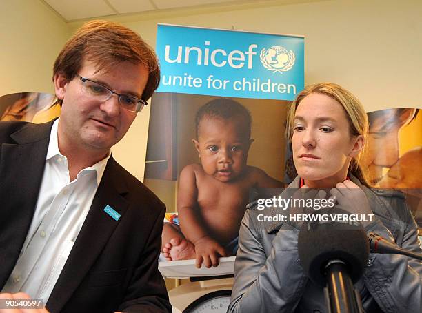 Belgian General director of UNICEF Yves Willemot and former tennis champion Justine Henin attend a press conference at the UN headquarters in...