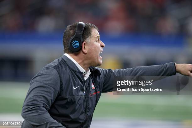 Ohio State Buckeyes defensive coordinator Greg Schiano yells at his team during the Cotton Bowl Classic matchup between the USC Trojans and Ohio...