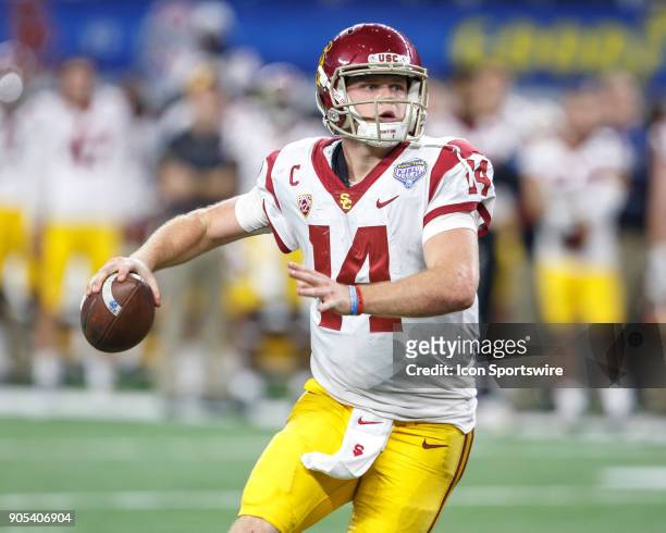 Trojans quarterback Sam Darnold throws a pass during the Cotton Bowl Classic matchup between the USC Trojans and Ohio State Buckeyes on December 29...