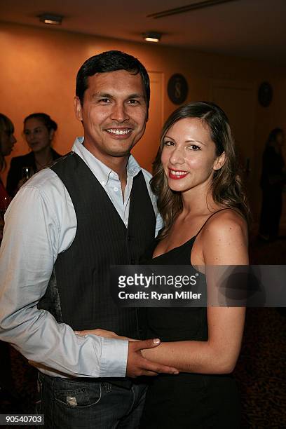 Actors Adam Beach and Summer Tiger pose while celebrating the opening night performance of "August: Osage County" at the Center Theatre...