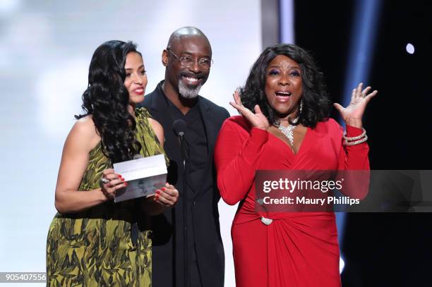 Meta Golding, Isaiah Washington, and Loretta Devine speak onstage during the 49th NAACP Image Awards at Pasadena Civic Auditorium on January 15, 2018...