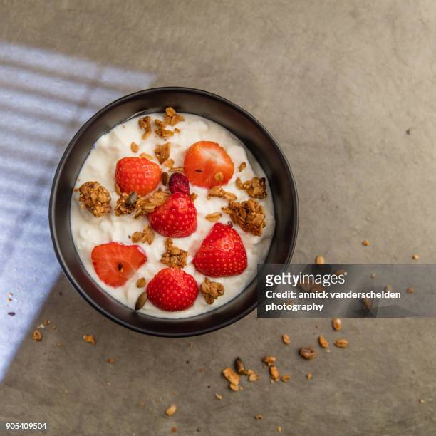 sheep yoghurt topped with strawberries and granola. - body sugars stock pictures, royalty-free photos & images