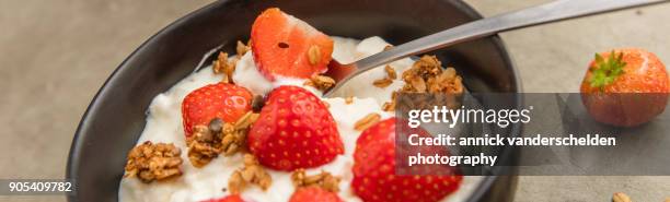 sheep yoghurt topped with strawberries and granola. - body sugars stock pictures, royalty-free photos & images