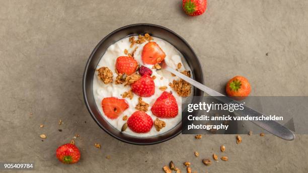 sheep yoghurt topped with strawberries and granola. - body sugars stock pictures, royalty-free photos & images