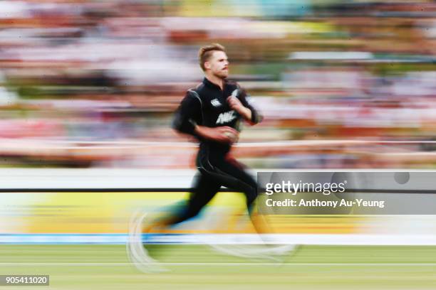 Lockie Ferguson of New Zealand runs up to bowl during game four of the One Day International Series between New Zealand and Pakistan at Seddon Park...