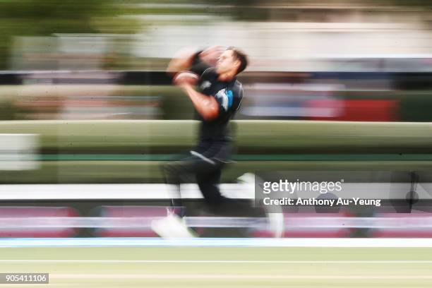 Trent Boult of New Zealand runs up to bowl during game four of the One Day International Series between New Zealand and Pakistan at Seddon Park on...