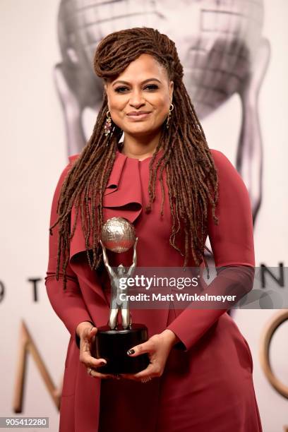 Ava DuVernay, winner of the Entertainer of the Year award, poses in the press room for the 49th NAACP Image Awards at Pasadena Civic Auditorium on...