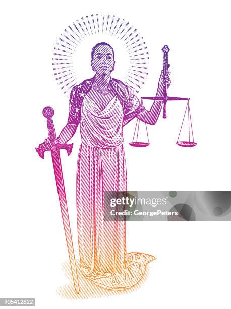 african american justitia mit rebellischen ausdruck - justitia-waage stock-grafiken, -clipart, -cartoons und -symbole