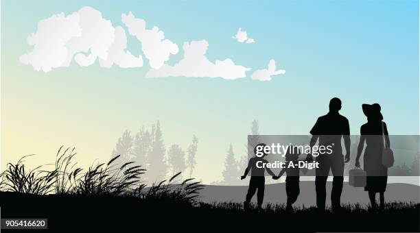 ilustrações de stock, clip art, desenhos animados e ícones de family of four picnic - grama de ponta