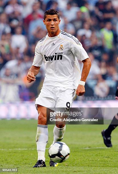 Cristiano Ronaldo of Real Madrid in action during the La Liga match between Real Madrid and Deportivo de la Coruna at Estadio Santiago Bernabeu on...