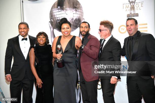 Naturi Naughton, Courtney Kemp Agboh, Omari Hardwick, Mark Canton, and Randall Emmett of 'Power,' winner of Outstanding Drama Series, pose in the...
