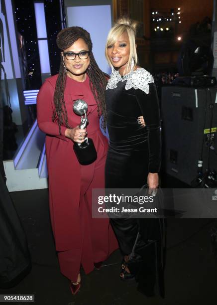 Ava DuVernay, winner of Entertainer of the Year, and Mary J. Blige attend the 49th NAACP Image Awards at Pasadena Civic Auditorium on January 15,...