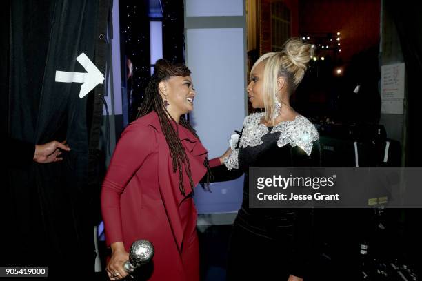 Ava DuVernay, winner of Entertainer of the Year, and Mary J. Blige attend the 49th NAACP Image Awards at Pasadena Civic Auditorium on January 15,...