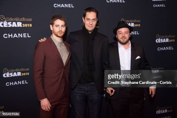 Pablo Pauly, Grand Corps Malade and Mehdi Idir attend the 'Cesar - Revelations 2018' Party at Le Petit Palais on January 15, 2018 in Paris, France.