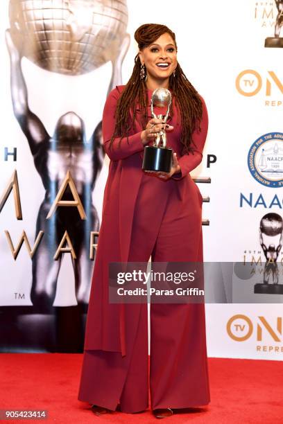 Ava DuVernay, winner of Entertainer of the Year, poses in the press room for the 49th NAACP Image Awards at Pasadena Civic Auditorium on January 15,...