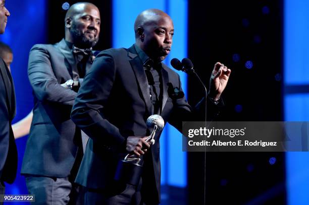 Malcolm D. Lee and Will Packer accept the Outstanding Motion Picture award for 'Girls Trip' onstage during the 49th NAACP Image Awards at Pasadena...
