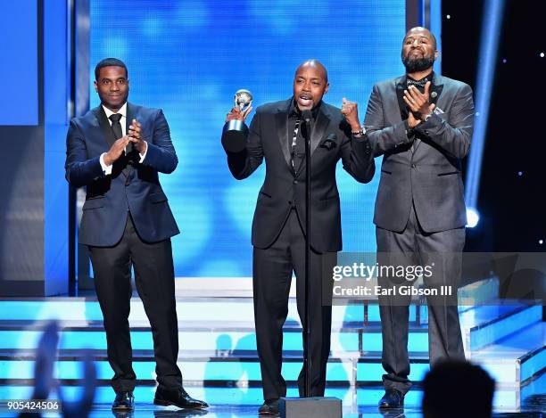 James Lopez, Will Packer, and Malcolm D. Lee accept the Outstanding Motion Picture award for 'Girls Trip' onstage at the 49th NAACP Image Awards on...