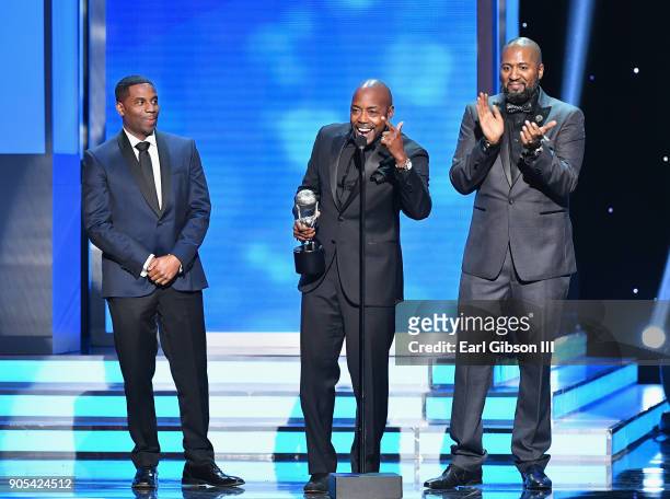 James Lopez, Will Packer, and Malcolm D. Lee accept the Outstanding Motion Picture award for 'Girls Trip' onstage at the 49th NAACP Image Awards on...