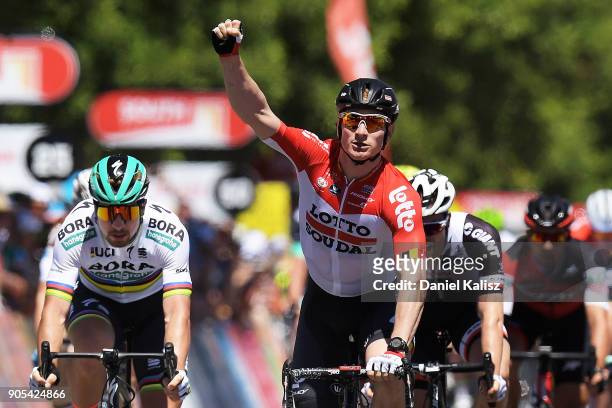 Andre Greipel of Germany and Lotto Soudal celebrates after winning stage one of the 2018 Tour Down Under on January 16, 2018 in Adelaide, Australia.