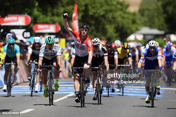 Andre Greipel of Germany and Lotto Soudal celebrates after winning stage one of the 2018 Tour Down Under on January 16, 2018 in Adelaide, Australia.