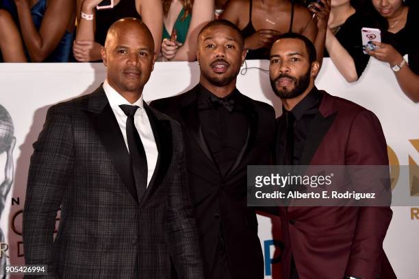 Dondre Whitfield, Michael B. Jordan and Omari Hardwick attend the 49th NAACP Image Awards at Pasadena Civic Auditorium on January 15, 2018 in...