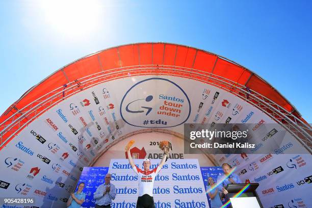 Andre Greipel of Germany and Lotto Soudal celebrates on the podium after winning stage one of the 2018 Tour Down Under on January 16, 2018 in...