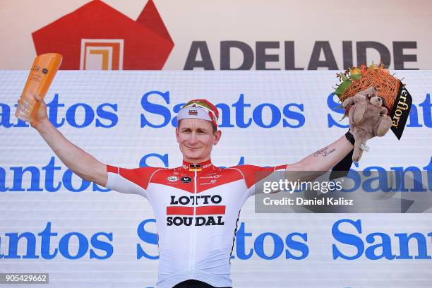 Andre Greipel of Germany and Lotto Soudal celebrates on the podium after winning stage one of the 2018 Tour Down Under on January 16, 2018 in...