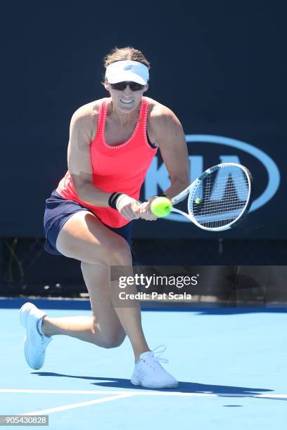 Mirjana Lucic-Baroni of Croatia plays a backhand in her first round match against Shelby Rogers of the United States on day two of the 2018...