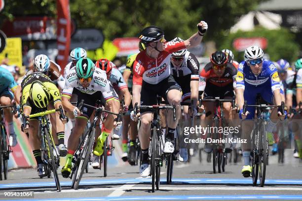 Caleb Ewan of Australia and Mitchelton-Scott, Peter Sagan of Slovakia and Bora-Hansgrohe and Andre Greipel of Germany and Lotto Soudal compete across...