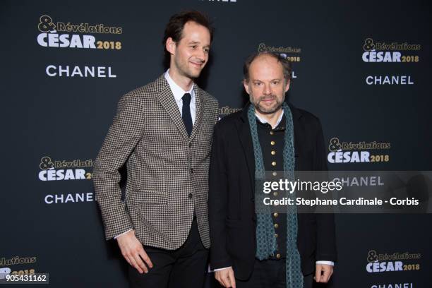 Benjamin Lavernhe and Denis Podalydes attend the 'Cesar - Revelations 2018' Party at Le Petit Palais on January 15, 2018 in Paris, France.