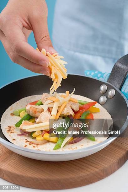 human hand sprinkling grated cheese on fajita, close up - grated cheese stock pictures, royalty-free photos & images