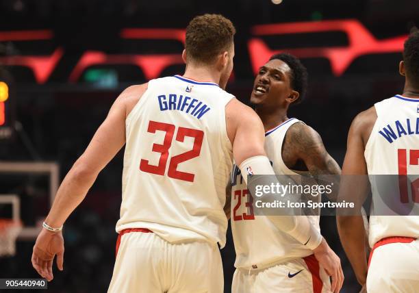 Los Angeles Clippers Forward Blake Griffin and Los Angeles Clippers Guard Lou Williams chest bump during an NBA game between the Houston Rockets and...