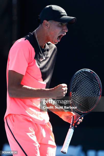 Alexei Popyrin of Australia celebrates winning a point in his first round match against Tim Smyczek of the United States on day two of the 2018...