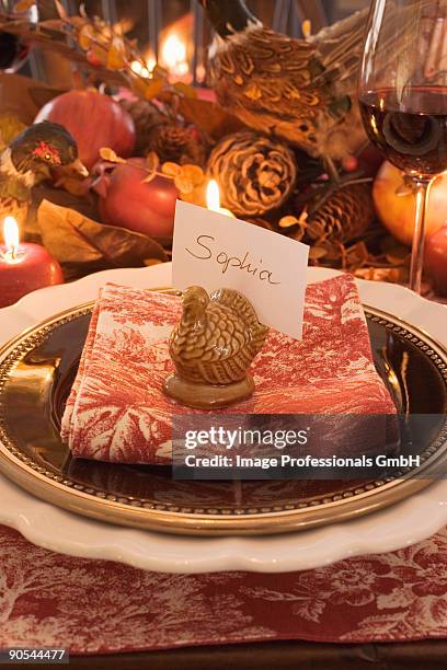 festive place setting with place card for thanksgiving, close up - place card stock pictures, royalty-free photos & images