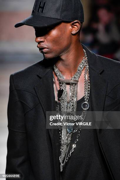 Model walks the runway at the Les Hommes show during Milan Men's Fashion Week Fall/Winter 2018/19 on January 13, 2018 in Milan, Italy.