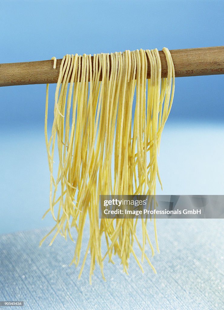 Spaghetti hanging to dry, close up