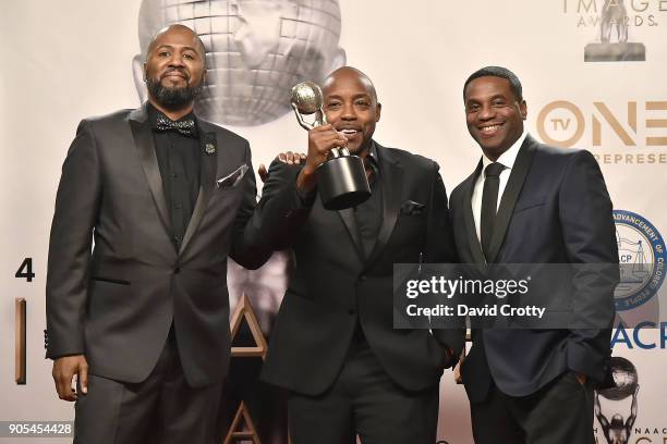 Malcolm D. Lee, Will Packer and James Lopez attend the 49th NAACP Image Awards - Press Room at Pasadena Civic Auditorium on January 15, 2018 in...