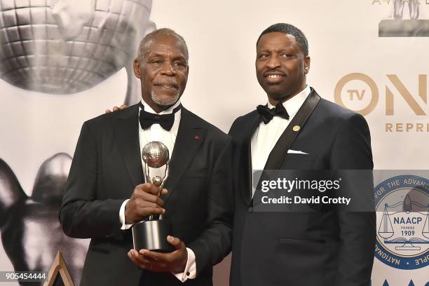 Danny Glover and Derrick Johnson attend the 49th NAACP Image Awards - Press Room at Pasadena Civic Auditorium on January 15, 2018 in Pasadena,...