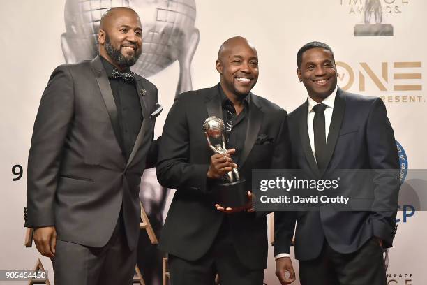 Malcolm D. Lee, Will Packer and James Lopez attend the 49th NAACP Image Awards - Press Room at Pasadena Civic Auditorium on January 15, 2018 in...