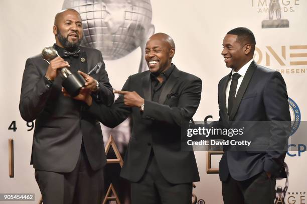 Malcolm D. Lee, Will Packer and James Lopez attend the 49th NAACP Image Awards - Press Room at Pasadena Civic Auditorium on January 15, 2018 in...