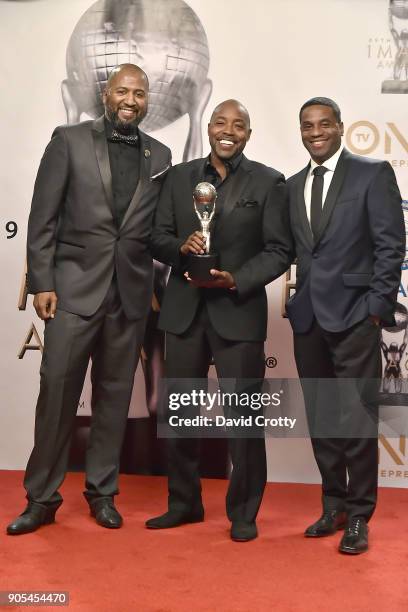 Malcolm D. Lee, Will Packer and James Lopez attend the 49th NAACP Image Awards - Press Room at Pasadena Civic Auditorium on January 15, 2018 in...