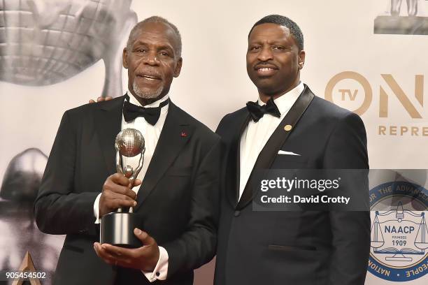 Danny Glover and Derrick Johnson attend the 49th NAACP Image Awards - Press Room at Pasadena Civic Auditorium on January 15, 2018 in Pasadena,...