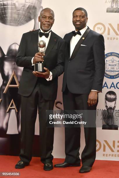 Danny Glover and Derrick Johnson attend the 49th NAACP Image Awards - Press Room at Pasadena Civic Auditorium on January 15, 2018 in Pasadena,...
