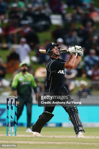 Colin de Grandhomme of New Zealand hits a six during game four of the One Day International Series between New Zealand and Pakistan at Seddon Park on...