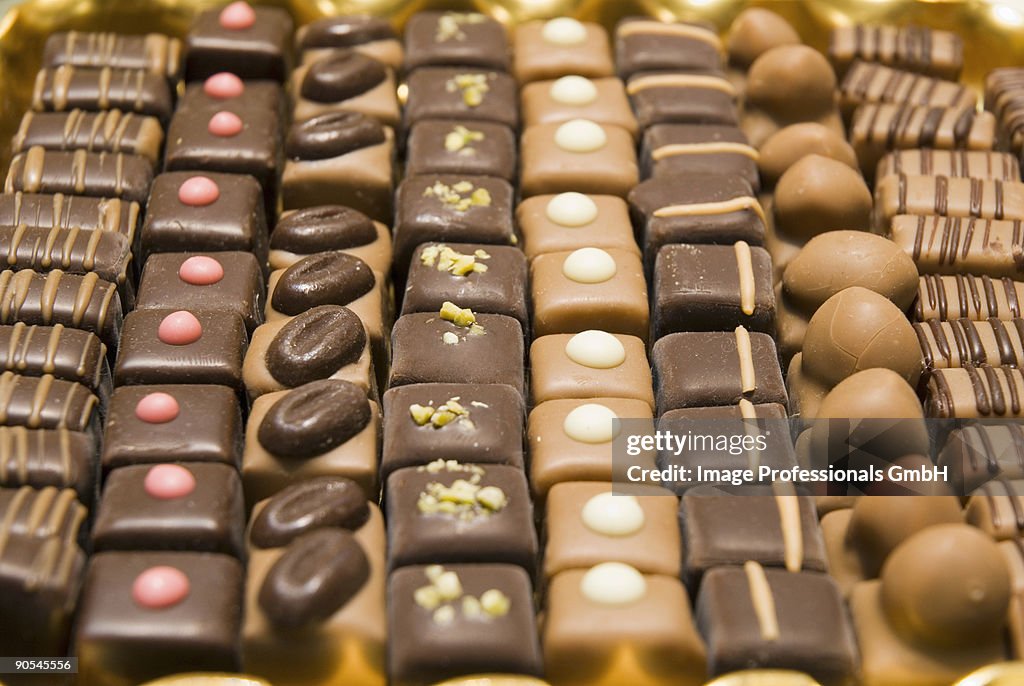 Rows of chocolates, close up