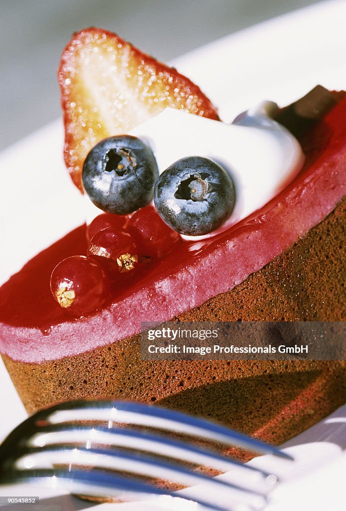 Small cake topped with berry mousse, close up
