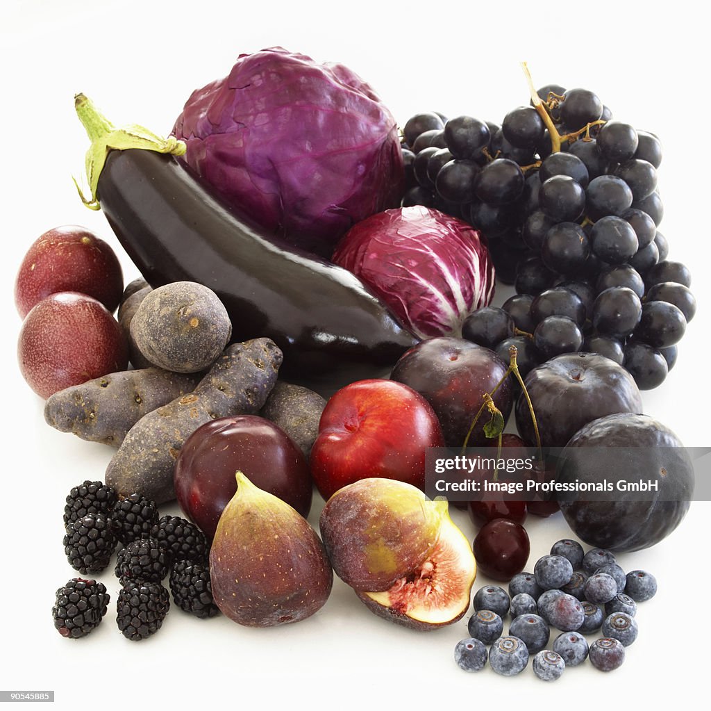 Various fruits and vegetables on white background, close up